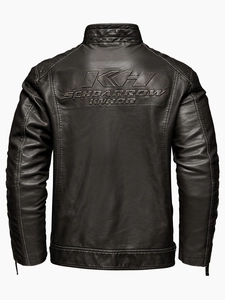 Men's vintage black PU leather motorcycle jacket with embossed back lettering and stand collar
