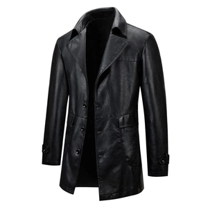 Detail of classic notched lapel and button closure on men's black PU leather coat