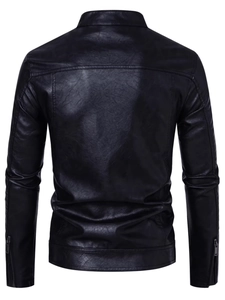 Men's black faux leather motorcycle jacket with a sleek stand collar and slim fit back view