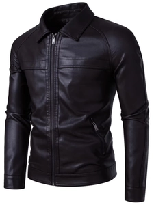 Men's lapel faux leather motorcycle jacket in black with zipper pockets and slim fit