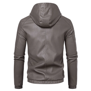 Detail view of the back of a men's faux leather hooded jacket with rib-knit cuffs and hem