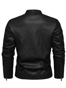 Men's retro black PU leather biker jacket with stand collar and zipper cuffs, back view