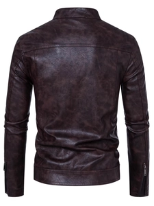 Men's retro brown faux leather motorcycle jacket with stand collar and back stitching