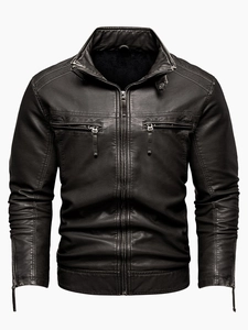 Men's retro black PU leather motorcycle jacket with stand collar and multi-zipper pockets