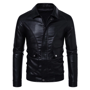 Detail of men's black PU leather motorcycle jacket with lapel collar and zipper