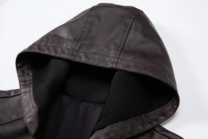 Close-up of brown PU leather jacket hood with breathable black mesh lining and double stitching