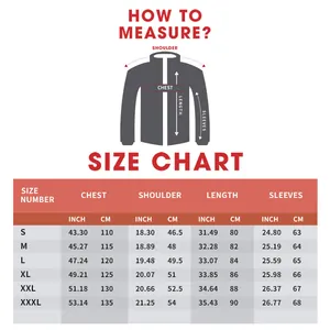 Size guide for men's PU leather jacket with measurements in inches and CM from S to 3XL