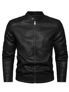 Men's black PU leather biker jacket with stand collar and decorative shoulder stitching