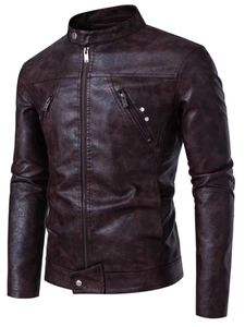 Men's retro dark red faux leather motorcycle jacket with stand collar and zipper pockets