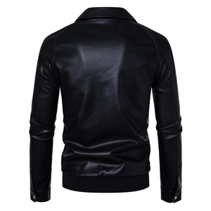 Detailed back view of a men's black PU leather biker jacket with ribbed hem and cuffs