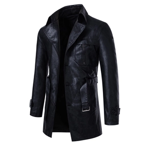 Detail of black mid-length faux leather jacket with lapel collar and waist belt
