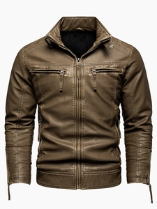Men's vintage brown PU leather jacket with stand collar and multiple pockets