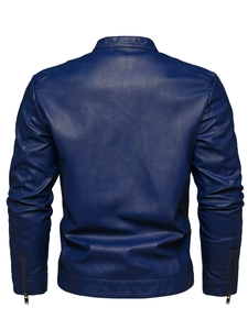 Men's navy blue biker PU leather jacket featuring a stand collar and quilted shoulder detail