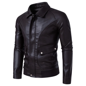 Close-up of brown PU leather jacket featuring classic lapel and ribbed knit cuffs
