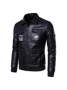 Black PU leather bomber jacket with military embroidery badges and ribbed cuffs