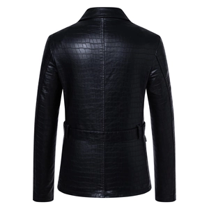 Detail of black faux crocodile embossed PU leather jacket with back waist belt accent
