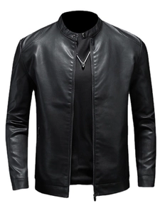 Men's retro black PU leather motorcycle jacket with stand collar and slim fit tailoring