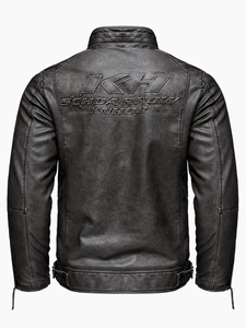 Men's vintage PU leather biker jacket featuring a quilted back with embossed logo detail