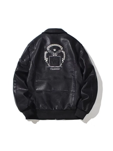 Black PU leather biker jacket for men with eagle embroidery and ribbed cuffs on back