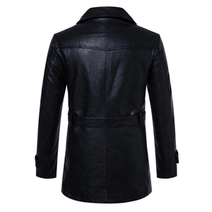 Detailed back view of men's black PU leather jacket with stitching and waist tailoring
