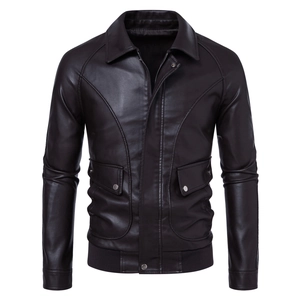 Detailed view of brown PU leather jacket featuring large front pockets and ribbed cuffs