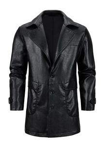 Men's mid-length black PU leather jacket with classic lapel collar and flap pockets