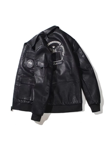 Men's black faux leather bomber jacket with eagle back embroidery and rib-knit cuffs