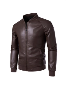 Men's Casual PU Leather Bomber Jacket Slim Fit Stand Collar Flight Coat Ribbed Trim Autumn Winter Fashion Outerwear