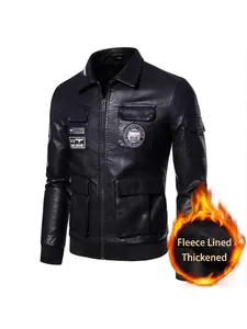 Men's black PU leather biker jacket with warm fleece lining and embroidery badges