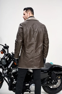 Back view of a men's long brown PU leather jacket with white fleece collar and motorcycle