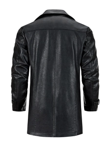 Men's mid-length black PU leather jacket with suit collar, back view of classic cut
