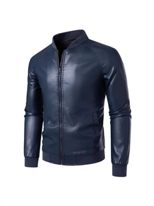 Classic dark blue PU leather bomber jacket for men with a ribbed collar and sleek finish