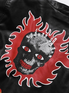Retro PU leather jacket back detail featuring a skull and red flame print design