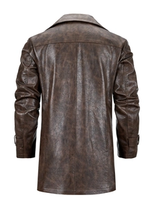 Classic brown PU leather trench coat for men with vintage texture and back slit detail