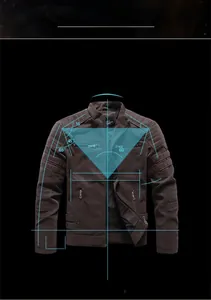 Detail view of slim fit faux leather biker jacket with tactical zippers and 3D cut lines