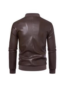 Slim fit dark brown PU leather jacket for men featuring a vertical back seam and ribbed cuffs