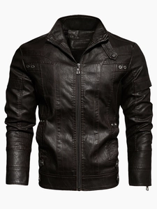 Veste en Cuir PU Rétro pour Homme Manteau de Moto Col Montant Fermeture Éclair Coupe Ajustée Vêtement d'Extérieur Chaud et Coupe-Vent Avec Doublure en Peluche pour Homme
