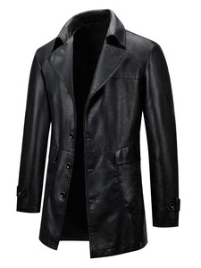 Men's black mid-length PU leather trench coat with suit collar and flap pockets