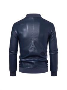 Men's dark blue PU leather jacket with ribbed hem and stand collar back view design