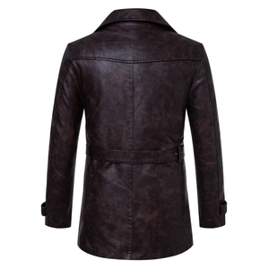 Back view of a vintage brown PU leather jacket featuring lapels and decorative waist belt