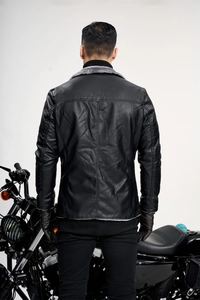 Rear view of men's business PU leather jacket with gray faux fur collar and plush lining