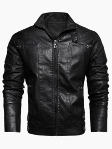 Veste homme vintage en cuir PU noir avec col montant et détails de rivets stylés