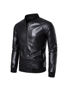 Men's black PU leather jacket with classic stand collar and ribbed cuffs on white background