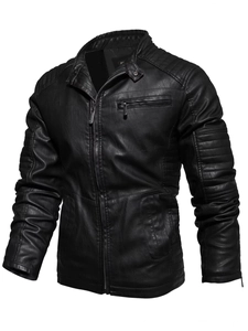 Men's Retro PU Leather Moto Biker Jacket With Stand Collar Slim Fit Fleece Lined Warm Winter Faux Leather Zip Up Coat For Men