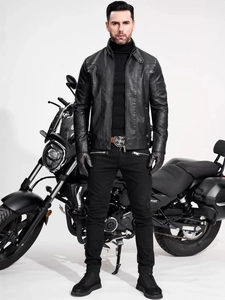 Veste en cuir PU noir pour homme style motard vintage avec col montant et surpiqûres