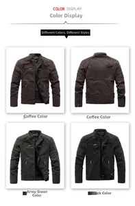 Detailed view of men's slim fit PU leather motorcycle jackets in multiple colors