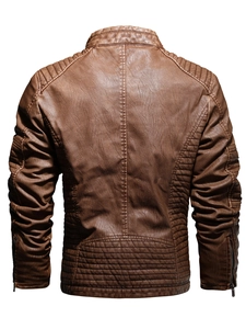 Brown PU leather biker jacket for men with stand collar and quilted detailing on back
