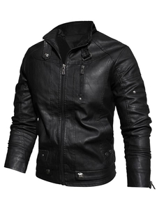 Men Biker Faux Leather Jacket Stand Collar Multi Zipper Fleece Lined Slim Fit Motorcycle PU Outerwear Coat Retro Punk Style