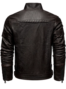 Vue arrière de la veste en cuir PU marron foncé classique avec col montant pour hommes