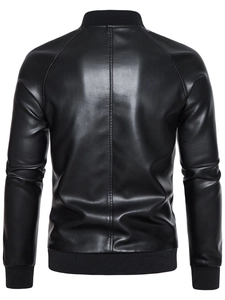 Rear view of black faux leather jacket for men featuring a rib-knit stand collar and raglan sleeves